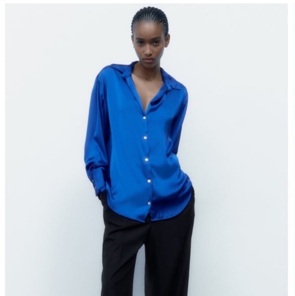 Zara Electric Blue Satin Effect Flowy Shirt, M - Picture 2 of 5